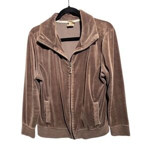 VTG Y2K Chocolate Brown Velour Velvet Full Zip Jacket Lounge Pockets Womens XL